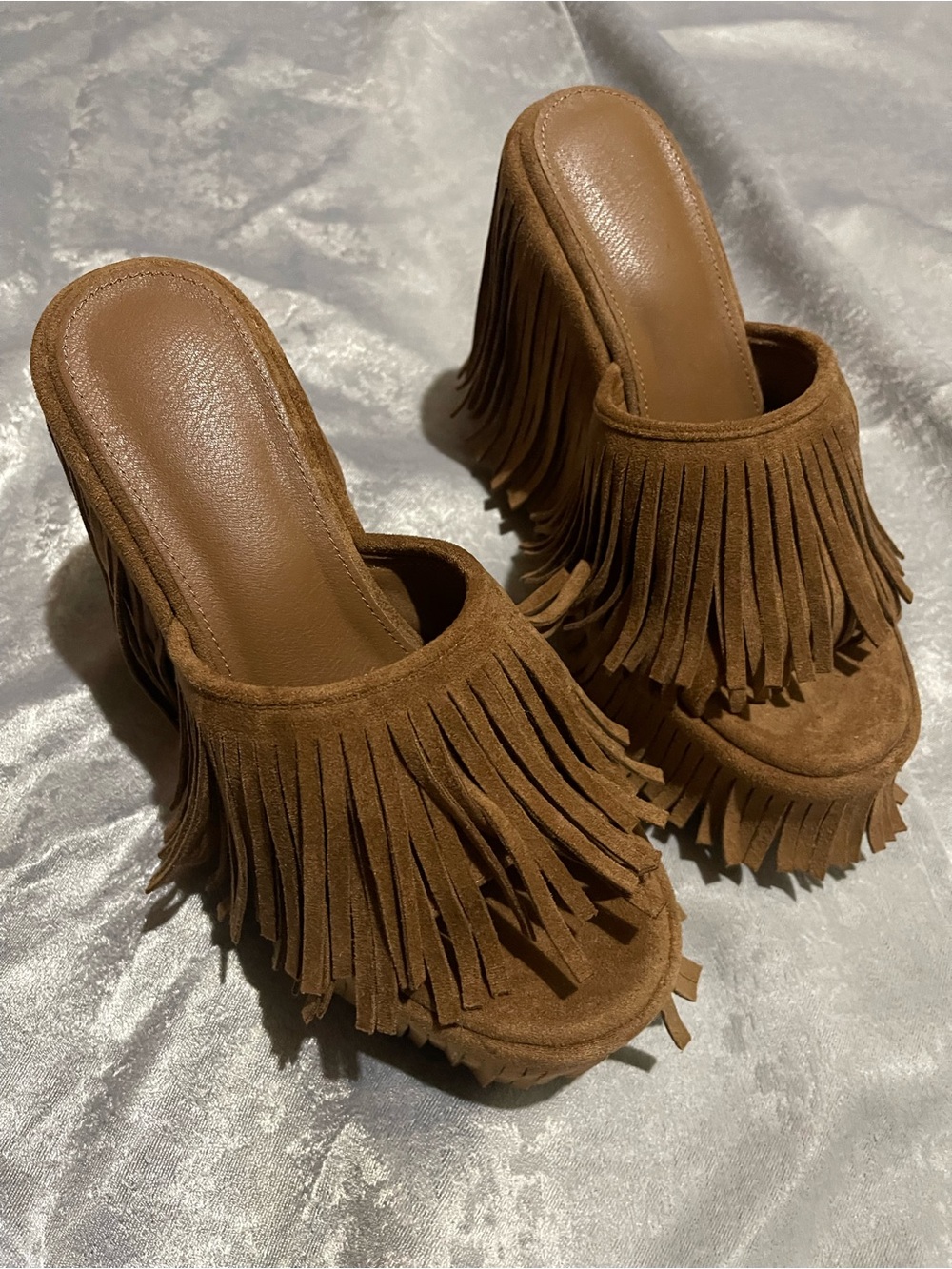 Fringed Suede Platform Mule - Brown